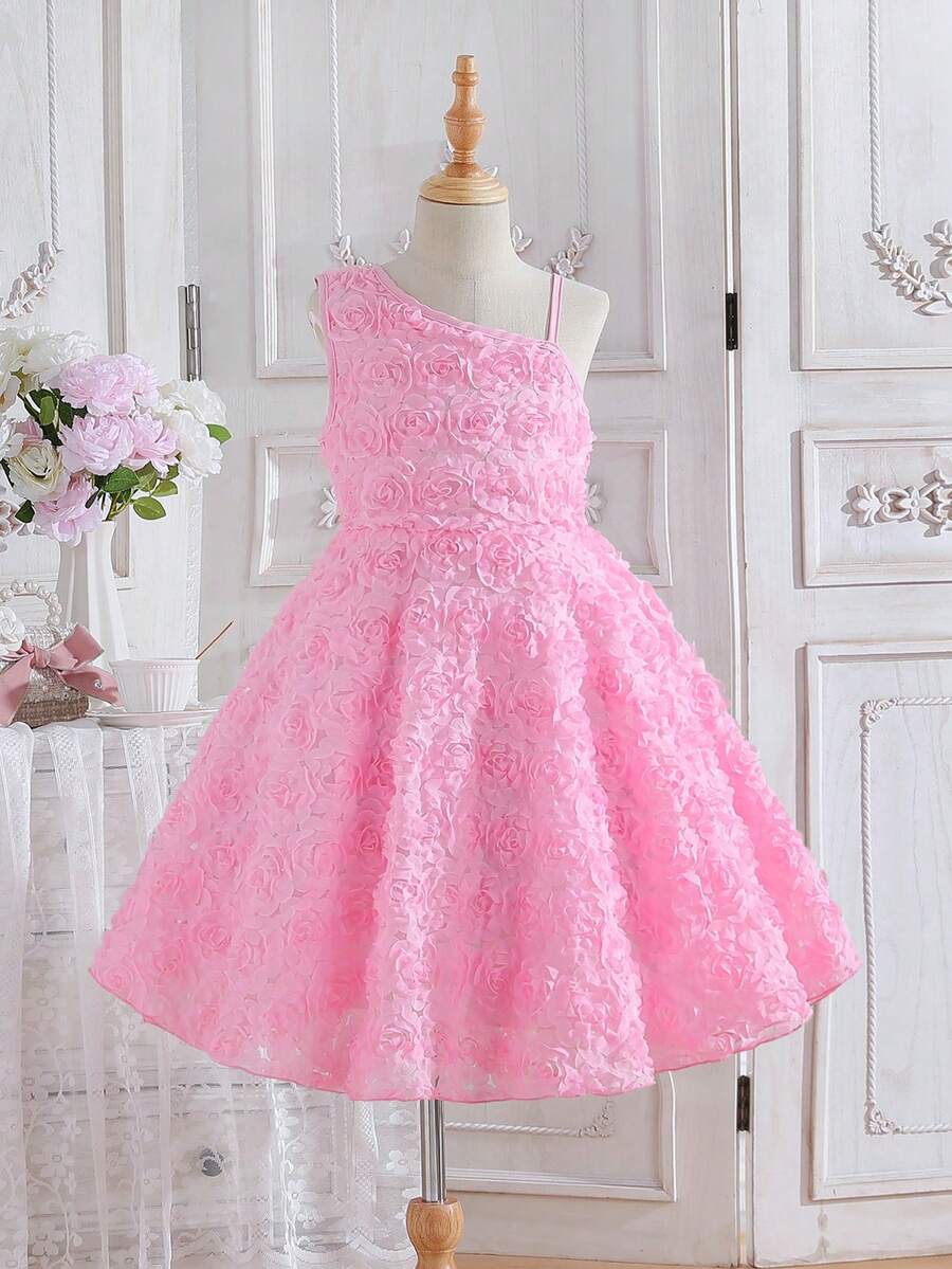 Robe de cérémonie sans manches à une épaule avec fleurs brodées pour jeunes filles, convient pour demoiselle d'honneur, mariage, fête - Rose bonbon - Voir 1
