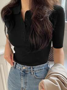 DAZY Parte superior de punto de cuello de polo con mangas cortas y media abertura, de verano, para mujer