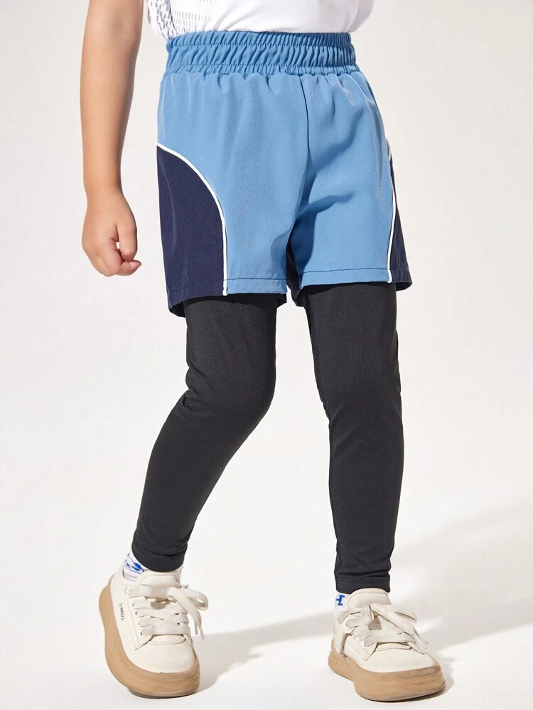Young Boy Elastic Waist Contrast Color 2 In 1 Sports Pants
