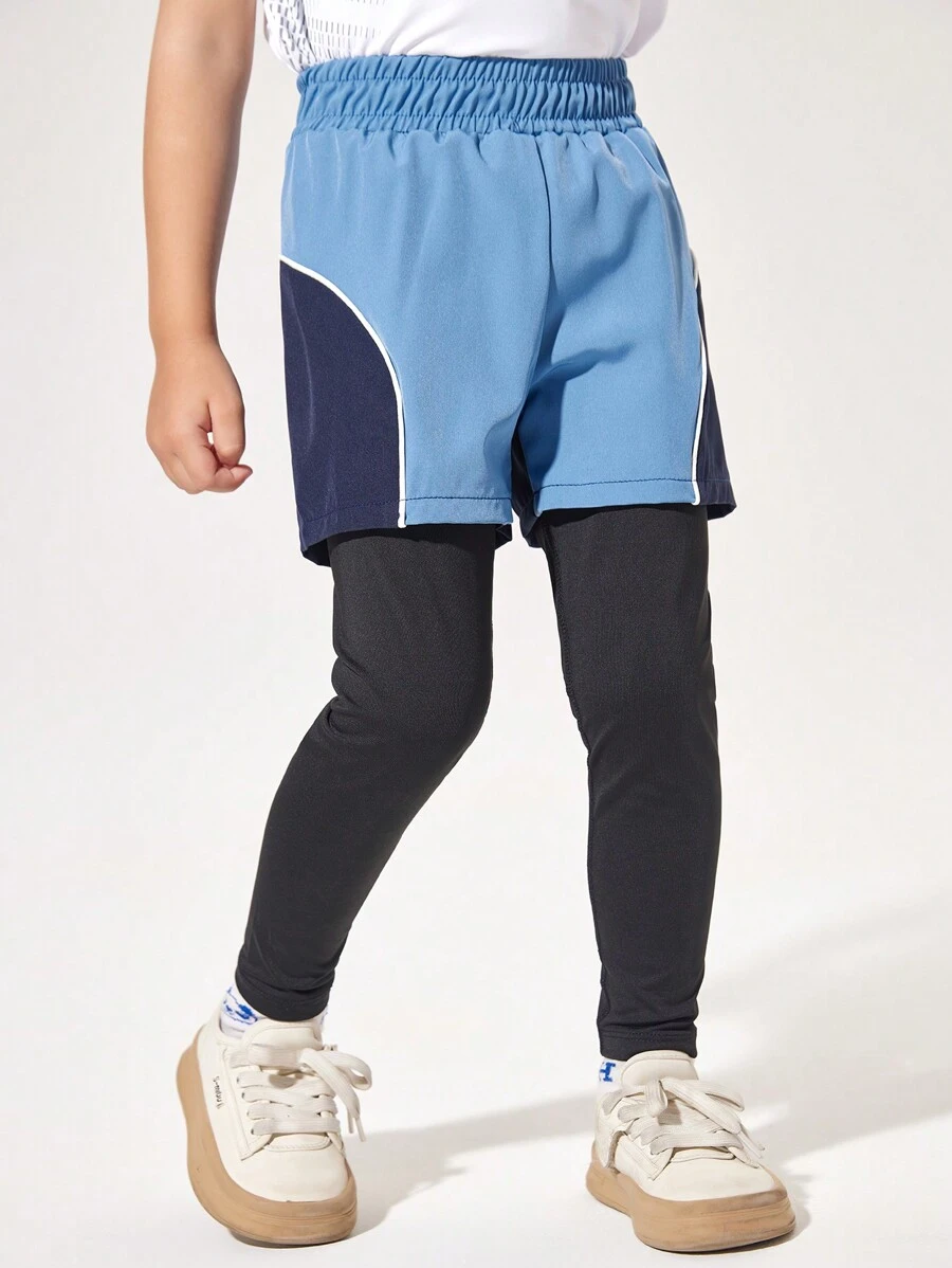SHEIN Young Boy Elastic Waist Contrast Color 2 In 1 Sports Pants - Blue - View 1