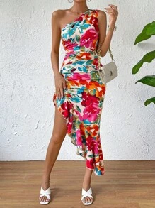 Breezaya Floral Print One Shoulder Ruched Split Thigh Dress Maxi Women Outfit - Multicolor - View 1