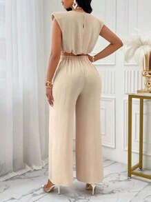 Women's Casual Solid Color Padded Shoulder Round Neck Cropped Top And Wide Leg Pants Set - Apricot - View 2
