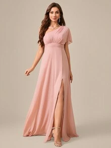 Solid Color Asymmetric Neckline Ruched Waist Tie High Slit Chiffon Oblique Shoulder Bridesmaid Dress - Dusty Pink - View 3