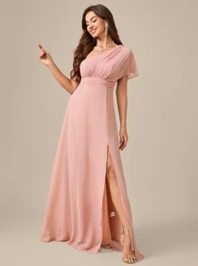 Solid Color Asymmetric Neckline Ruched Waist Tie High Slit Chiffon Oblique Shoulder Bridesmaid Dress - Dusty Pink - View 5