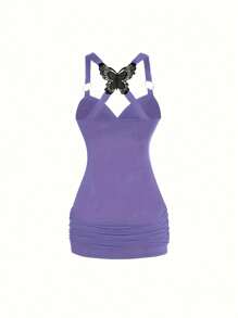 Bộ đồ 2 món cỡ lớn cho nữ - Áo ba lỗ nhuộm loang và quần ống rộng viền ren hình bướm | Trang phục Boho Chic có dây rút ở eo (Kích thước 1X-5X) - Màu tím - Xem 3