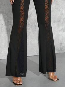 Hauture Lace Panel Sheer Flare Leg Pants For Going Out - Black - View 5