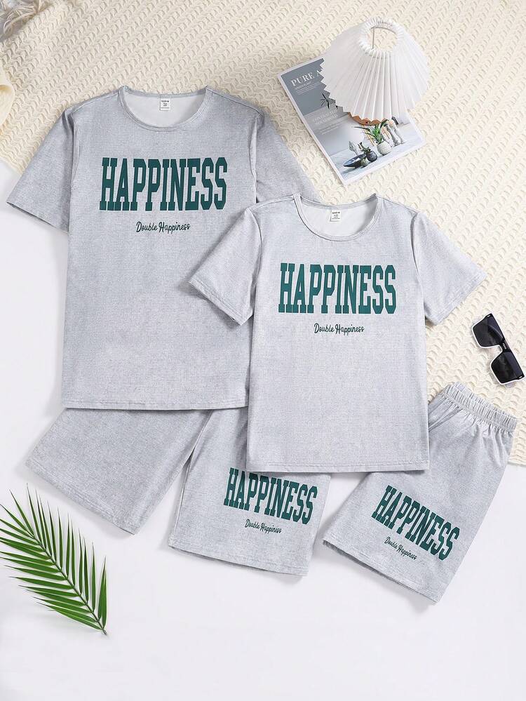 Tween Boys' Simple Grey Short Sleeve T-Shirt With Green Letter Print Design On The Front Chest, Matched With Shorts, For Casual And Loose Home Wear
