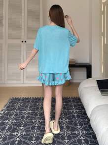 DAZY Cute Cartoon Printed Top With Polka Dot Ruffled Shorts Sleepwear Set - Blue - View 2