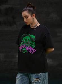 Rick and Morty X SHEIN Maglietta in cotone nero morbido e casual con grafica in lettere e numeri, taglio largo, leggero e traspirante per l'estate, taglia comoda