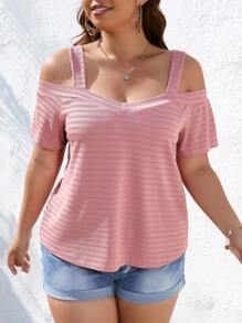 SHEIN LUNE Áo thun Plus size Cắt ra Sọc Giải trí - Hồng - Xem 4