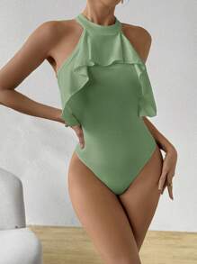 SHEIN Privé Women Solid Color Ruffle Trim Halter Neck Bodysuit, Suitable For Valentine Day, Vacation, Beach, Shopping, Wedding Season - Mint Green - View 3