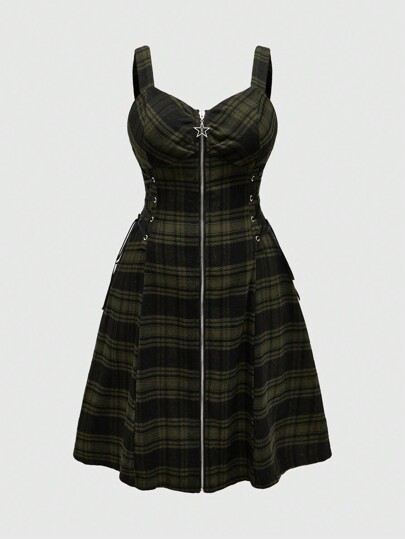 Grunge Punk فستان أكبر من المقاس الطويل الأكمام بحلقة معدنية وسحّاب وأشرطة كتف سميكة