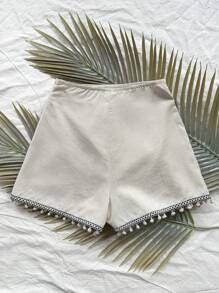 Soleia Vacation Women's Music Festival Wrap Skort With Ribbon Spliced Tassel Binding Texture Fabric Shorts - Apricot - View 2