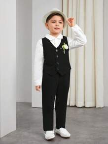 SHEIN Conjunto de 2 peças de cavalheiro jovem, colete elegante estilo empresarial + calças, terno formal para festa de aniversário, casamento, formatura, convidado de casamento, pajem, menino de alianças