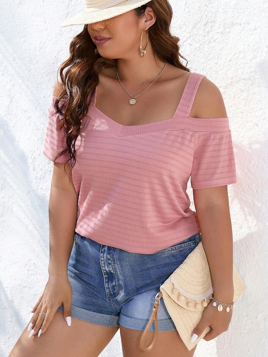 SHEIN LUNE Áo thun Plus size Cắt ra Sọc Giải trí - Hồng - Xem 1