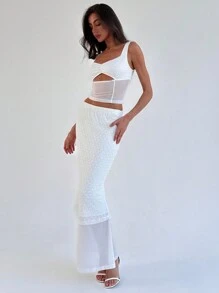 Aloruh 女士露背心形空心蕾絲網拼接白色背心上衣+緊身中長裙浪漫兩件套裝，適合外出穿著 - 白色 - 查看 4