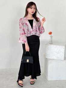 FRIFUL Designer Fashionable Floral-V Neck-Crossover Long Sleeve Shirt - Beige - View 2