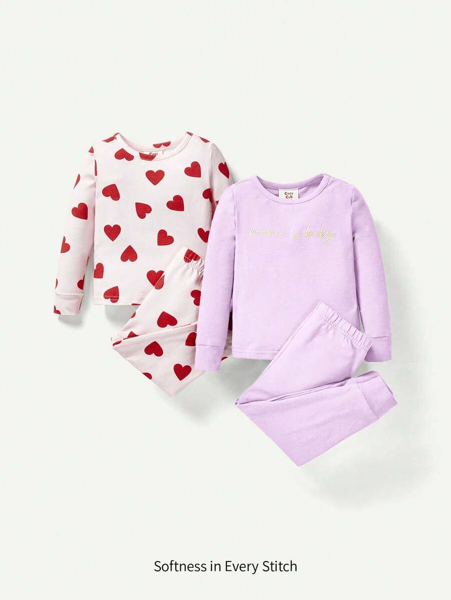 Cozy Pixies 嬰兒女寬鬆適合睡衣，包括圓領長袖愛心印花上衣和全長褲子（4件套）配套組合 - 紫色 - 查看 1