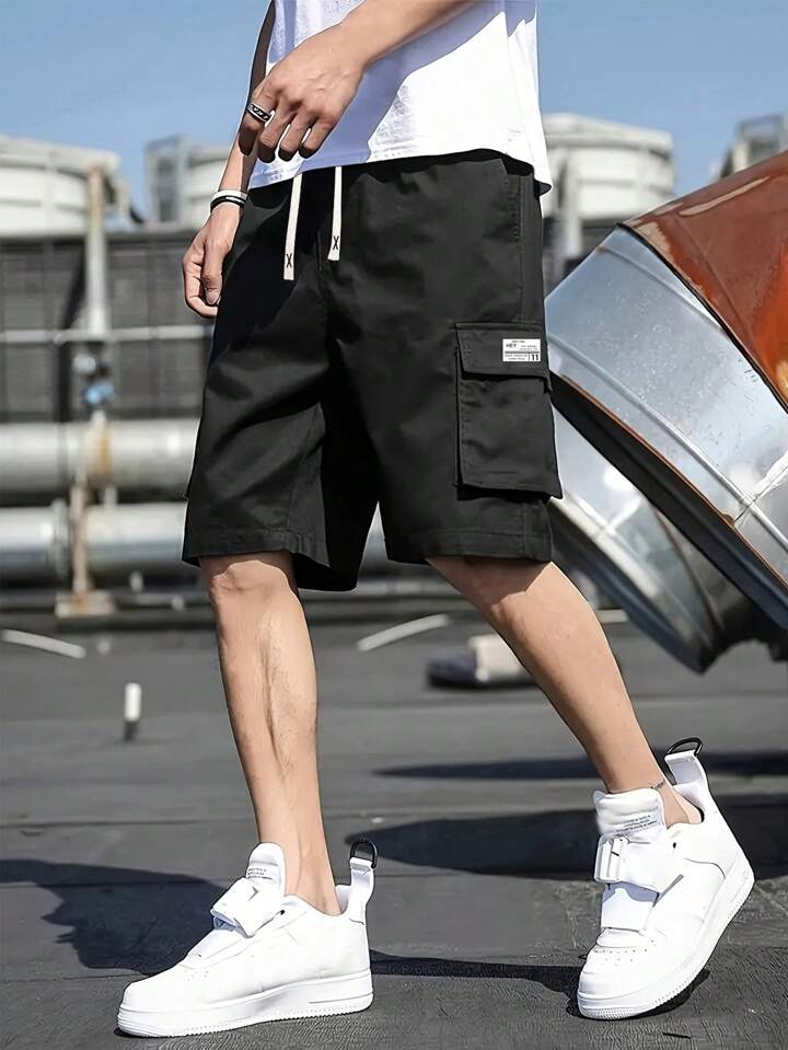 Mens cargo shorts with elastic waist and drawstring top
