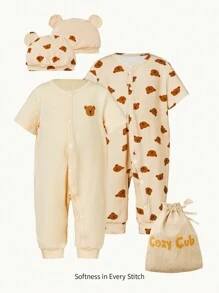 Cozy Pixies 男婴童2入組卡通圖案前紐扣連體睡衣和2入組帽和1入組收納袋 - 杏色 - 查看 1