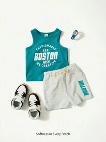 Cozy Pixies Baby Boy Letter Print Tank Top And Casual Shorts Set