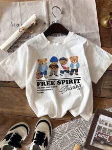 SHEIN ModeFlare Wear Young Boy Casual Cartoon Bear Graphic Short Sleeve Round Neck T-Shirt, Cotton Blend, Suitable For Summer Bear Baby Clothes