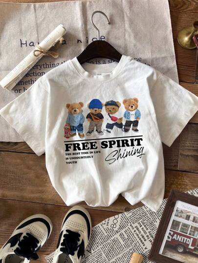 SHEIN ModeFlare Wear Young Boy Casual Cartoon Bear Graphic Short Sleeve Round Neck T-Shirt, Cotton Blend, Suitable For Summer Bear Baby Clothes
