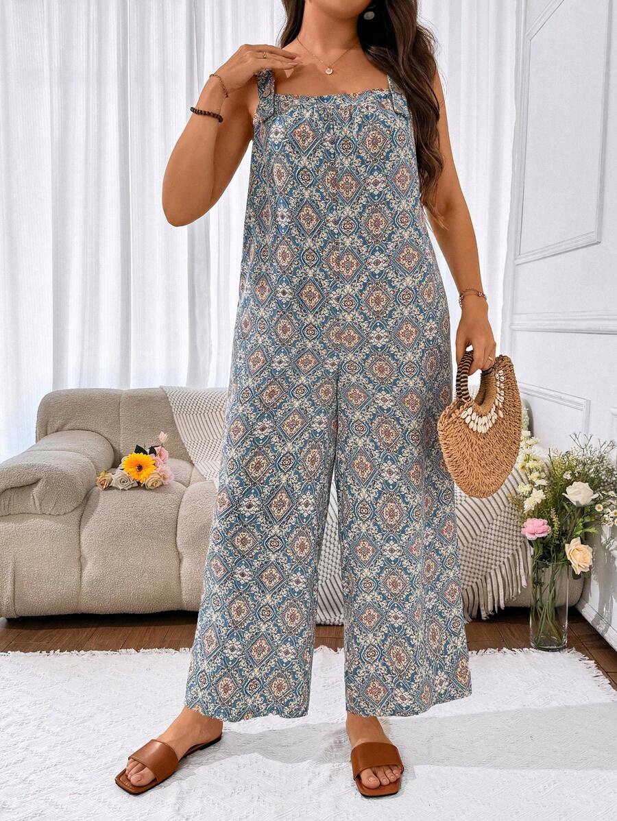 Breezaya Plus Size Women Summer Holiday Style Floral Print Loose Fit Overalls