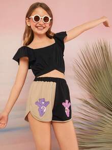 SHEIN X Care Bears 少女動漫熊圖案兩色海豚短褲 - 黑與白 - 查看 4