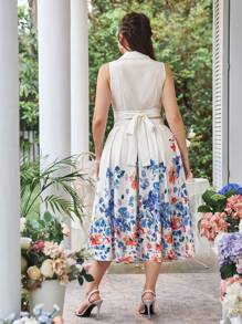 Celure Conjunto de top sin mangas de talla grande con correa trasera de unicolor y falda estampada