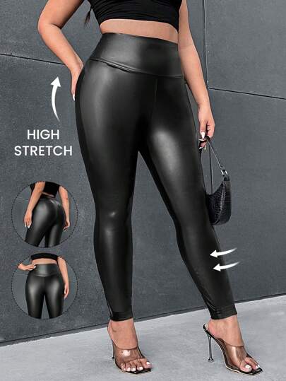 Firerie Plus Wideband Waist PU Leather  Black Spring  Leggings