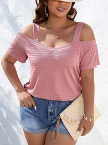 SHEIN LUNE Áo thun Plus size Cắt ra Sọc Giải trí - Hồng - Xem 6