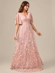 UNITHORSE V领蕾丝袖胸前褶裥叶子网纱贴花正式派对礼服优雅舞会晚宴婚礼宾客礼服，适合毕业典礼、晚宴、新娘礼服、生日女士服装、毕业礼服、情人节春季穿着 - 藕粉色 - 查看 5