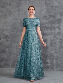 Women's Floor-Length Embroidered Sequin Party Dress, Elegant Bridal Mother Dress - Green - View 6