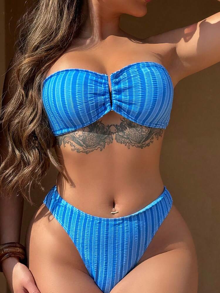 Women Striped Colorblock Bust Ruffle Bikini Set Summer