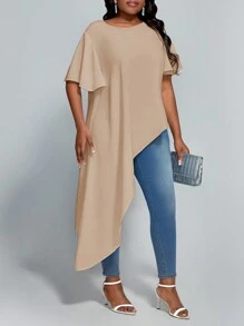 SHEIN Lady Plus Size Solid Color Flutter Sleeve Asymmetrical Hem Blouse - Apricot - View 4