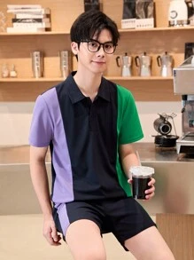 Teen Boy Summer Casual Color-Block Short Sleeve And Shorts Set - Multicolor - View 3