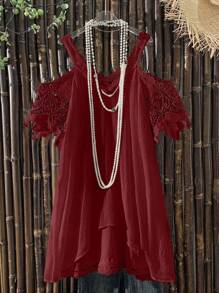 EMERY ROSE Plus Size Women Fashionable Cold Shoulder Asymmetrical Hem Dress - Red - View 3
