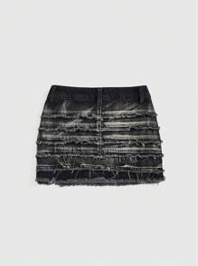 ROMWE Grunge Punk Falda mini de jean de cintura baja con dobladillo deshilachado y multicapa desgastado estilo Y2K (con mallas elásticas) - Negro - Ver 2
