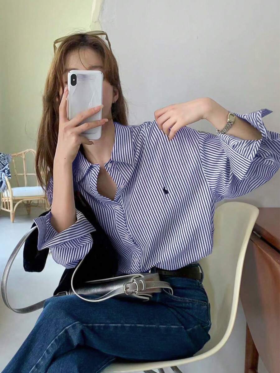 春季兔子刺绣条纹长袖休闲女式衬衫，夏季服装