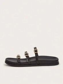 Casual Vacation Black Flat Sandals Slippers With Metallic Buckle Strap