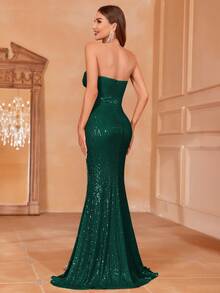 Faeriesty Pleated Front Slit Sequin Strapless Party Dress - Dark Green - View 3
