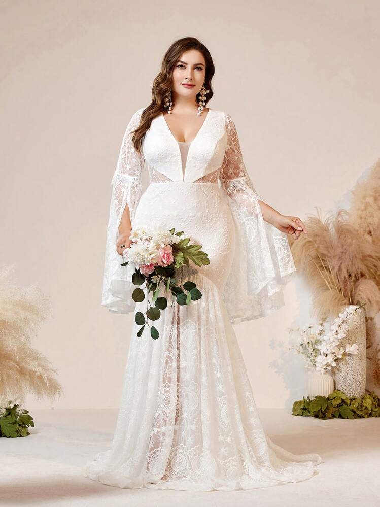 shein wedding dress SHEIN Belle Deep V-Neck Bohemian Style Plus Size Wedding Dress For Outdoor  Music Festival With Elements