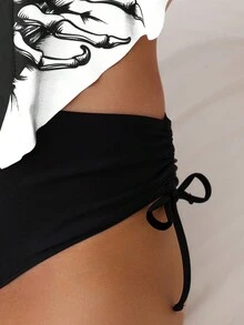 SHEIN Swim 夏季沙灘女性假期沙灘坦克泳裝套裝，混紡紗頭部帶有骷髏印花，純色束腰側三角泳裝下身 - 白色 - 查看 4