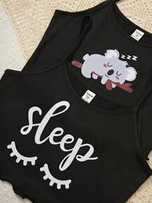 4pcs/Pack Teenage Girls' Cute Koala & Eyelash Print Cami & Shorts Set, Comfortable & Refreshing Homewear Combo - Black - View 5