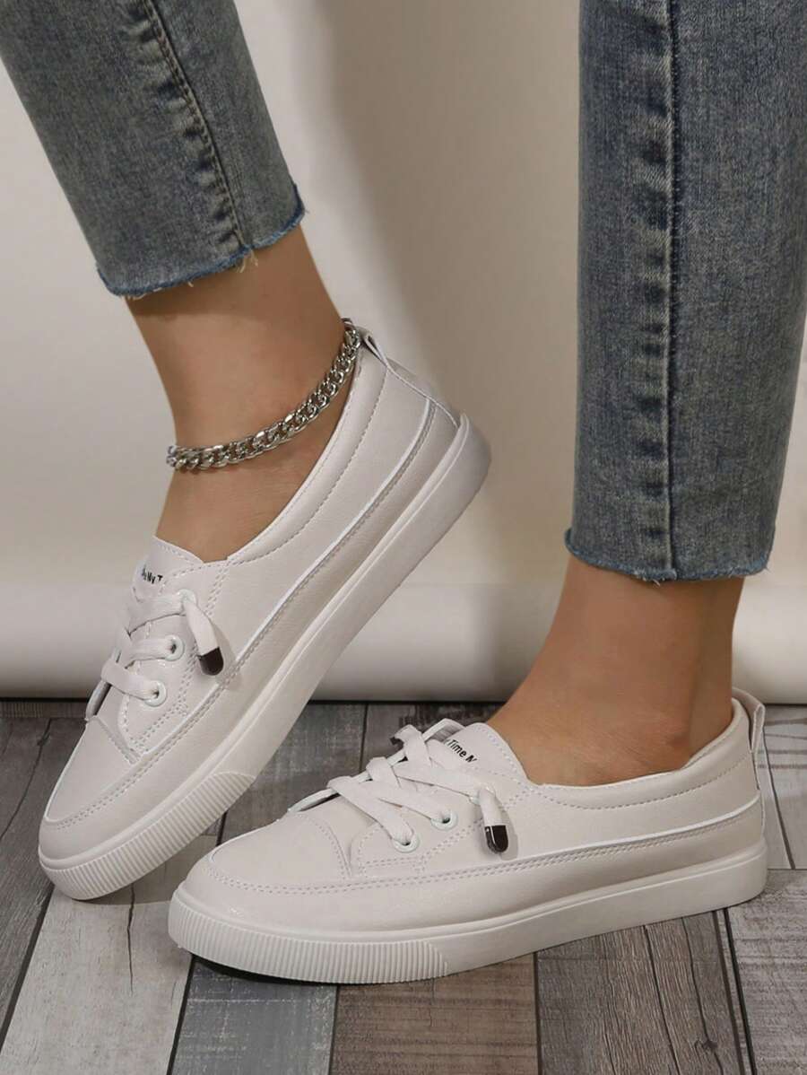 Women's Beige Classic Versatile Round Toe Slip-On Casual Lace-Up Soft & Comfortable Flat Outdoor Sports Casual Sneakers, Simple Uppers, Smooth Lines, Overall Clean And Neat. Suitable For Spring, Summer, Autumn, Daily Outings, Campus, Festivals, Street Fashion Matching