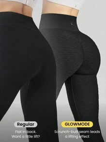 GLOWMODE 24" Seamless Honeycomb Pattern High-Waist Tummy Control Leggings Light Support Yoga Studio Gym Daily - Black - View 2