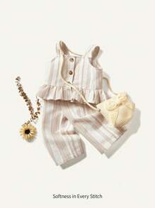 Cozy Pixies Baby Girl Colorful Striped Ruffle Strap Top And Casual Pants Outfit Set
