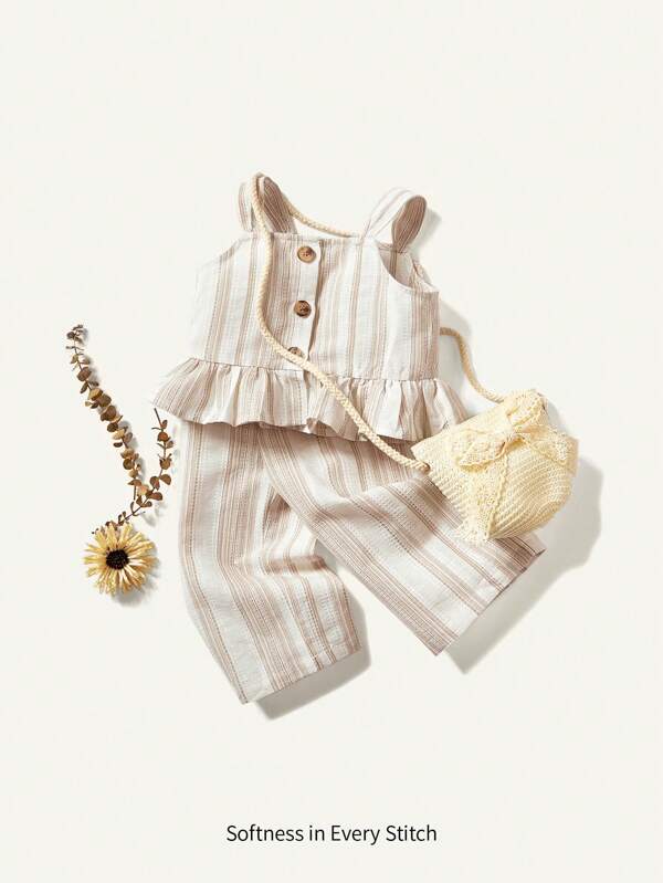 Cozy Pixies Baby Girl Colorful Striped Ruffle Strap Top And Casual Pants Outfit Set