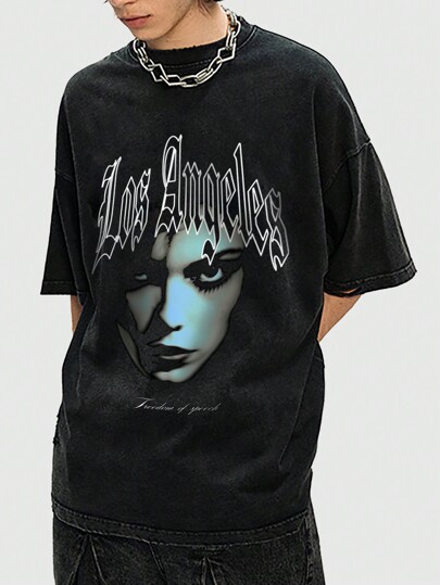 Street Life T-shirt à manches courtes pour hommes avec imprimé portrait lavé à l'acide, convenant pour le port quotidien au printemps et en été